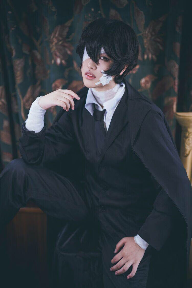 现货文豪野犬cos太宰治黑时代黑色风衣套装cosplay服装假发鞋 男生