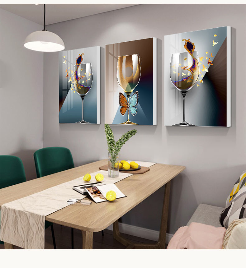 现货直发现代简约餐厅晶瓷镶钻装饰画三联饭厅挂画壁画厨房挂画墙面