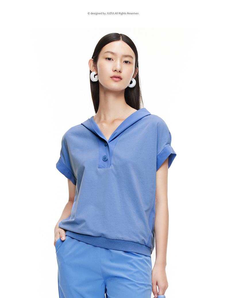 玖姿2021夏季新款蓝色连帽宽松廓形运动休闲凉爽女t恤天蓝xs