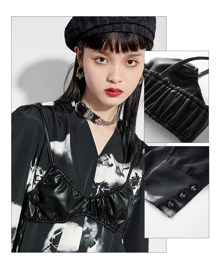 太平鸟女装早秋气质连衣裙印花2021秋季新款长袖两件式小黑中长裙