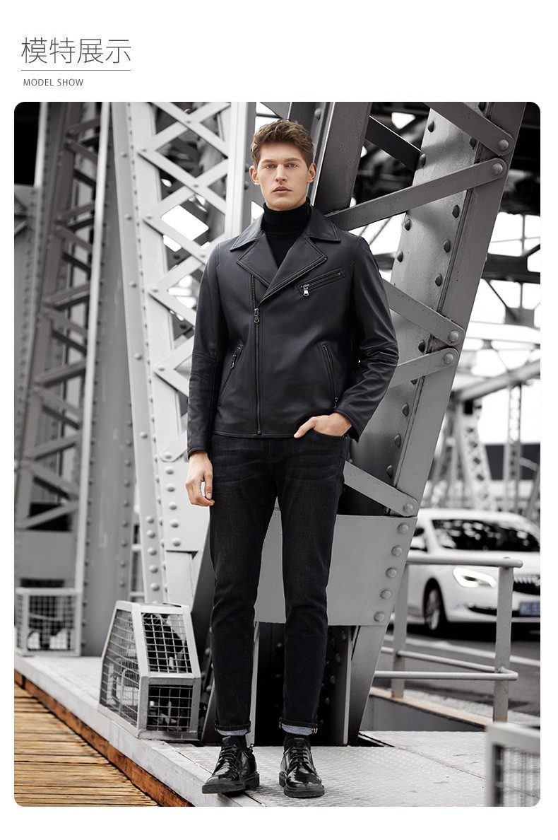 威可多vicutu男士皮衣羊皮黑色皮夹克男时尚修身翻领机车服男vrw