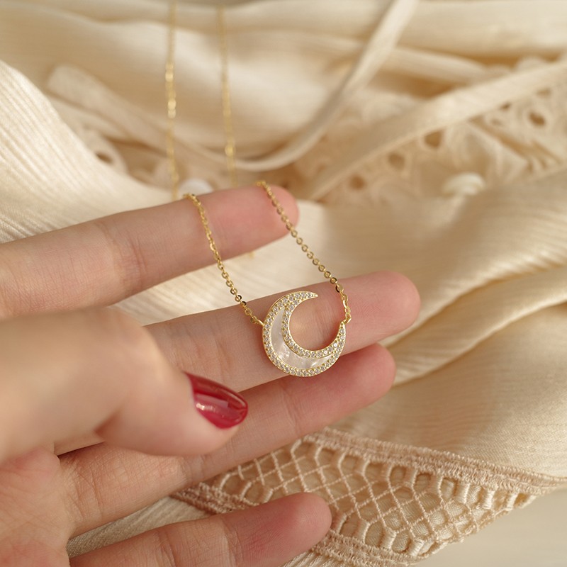 魅星紫 天然贝母月亮项链白月光温柔气质简约锁骨链 (金色)月亮项链