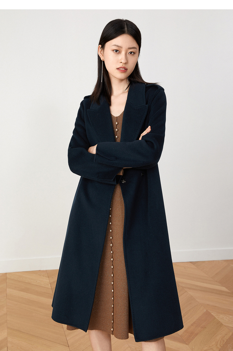 yiner音儿女装2021冬季新款中长款羊毛双面毛呢风衣外套 深蓝 36