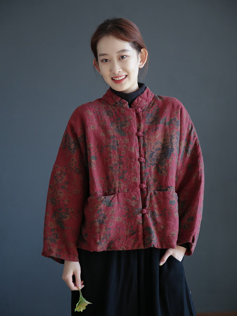 民族风女装复古女棉袄2022冬季棉麻女装文艺复古盘扣中式棉衣夹棉保暖