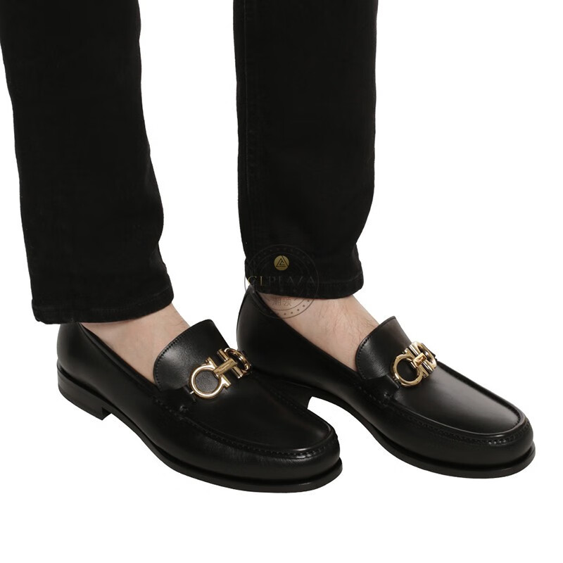 七夕情人节礼物ferragamo菲拉格慕男鞋黑色经典小牛皮马蹄扣皮鞋乐福