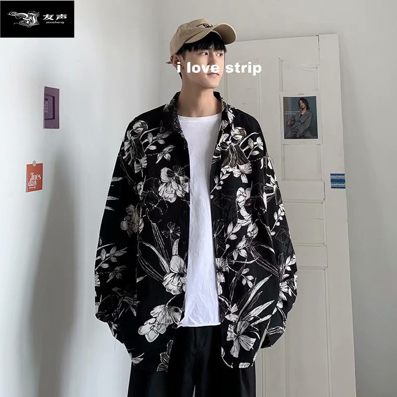 友声花衬衫男长袖韩版潮流男生衬衣上衣痞帅气春季ins港风日系潮 黑色