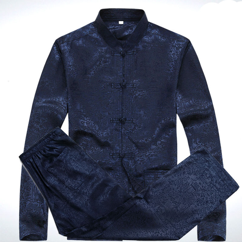 唐装男居士服长袖爷爷套装中国风丝绸爸爸真丝老人汉服银灰色16538