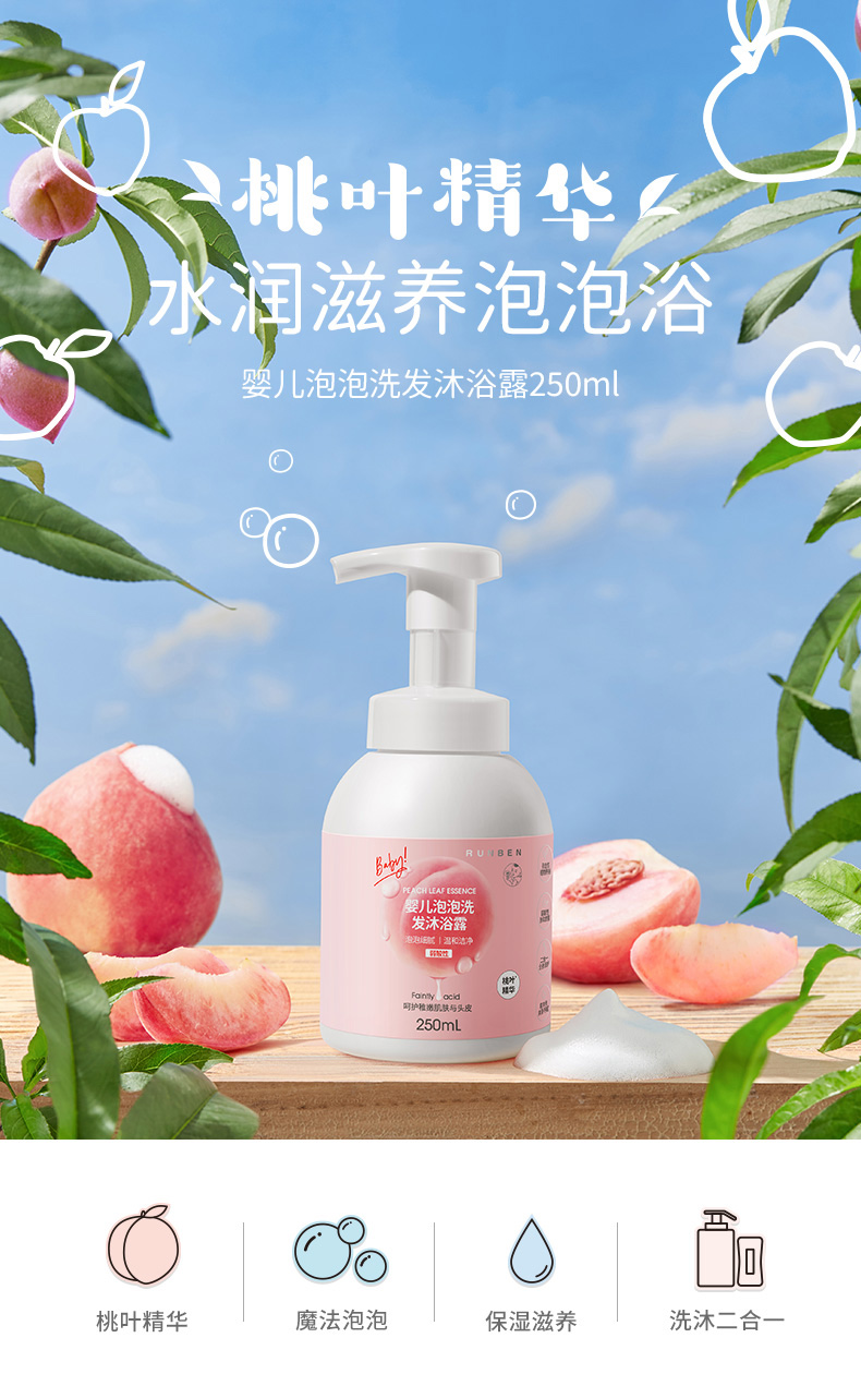 润本runben儿童沐浴露洗发水二合一男女童宝宝婴儿桃子泡沫沐浴乳250