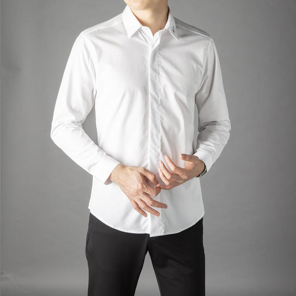 乔治香港轻奢衣领英文刺绣衬衣男士长袖修身纯色纯棉青年商务衬衫