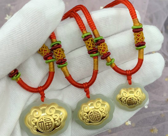 宝宝小金锁长命锁婴儿童锁项链黄金锁金镶玉吊坠百岁锁满月金饰礼物