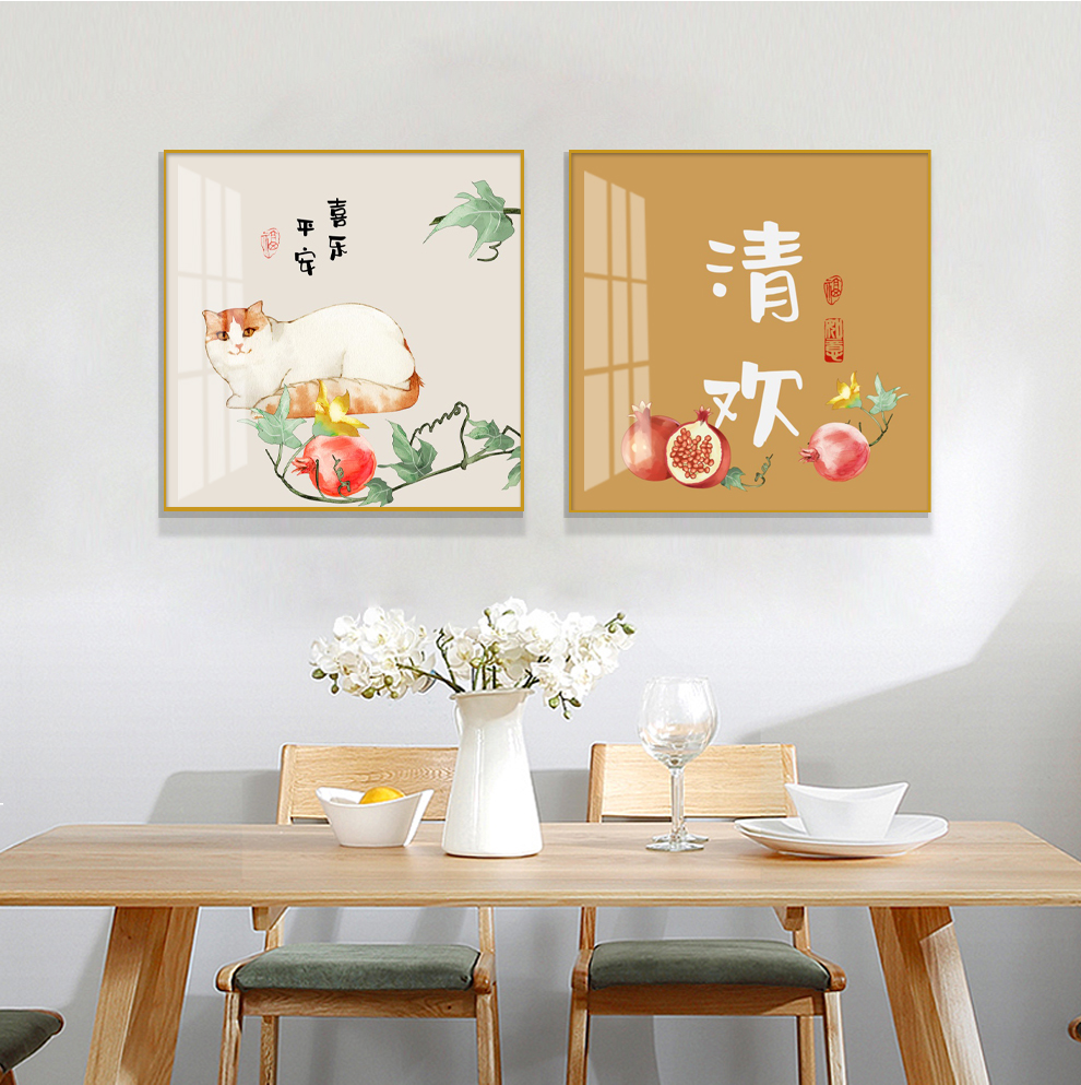 瑞尚餐厅装饰画现代简约暖居饭厅厨房背景墙挂画餐桌墙面猫咪组合两联