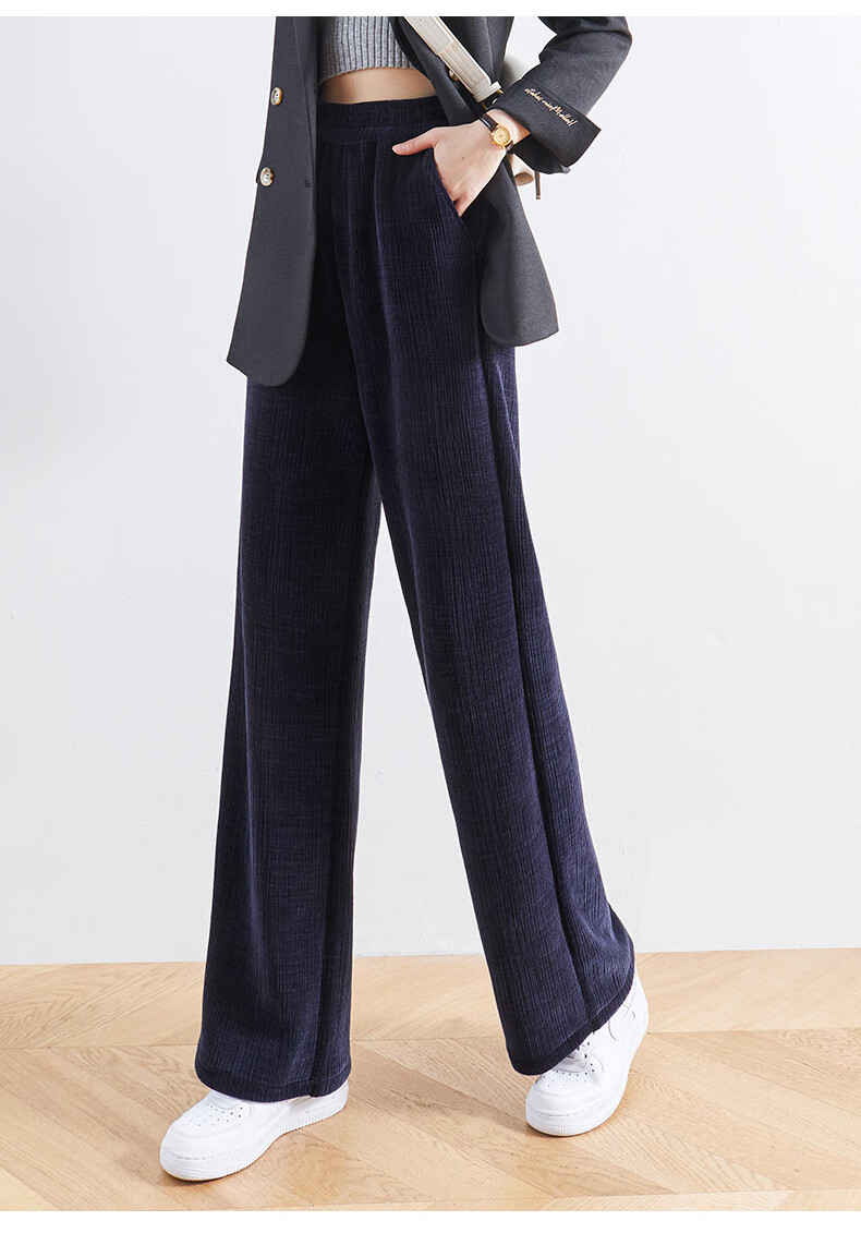 娅丽达高端女裤高腰垂感雪尼尔阔腿裤女2021秋季新款黑色直筒裤子