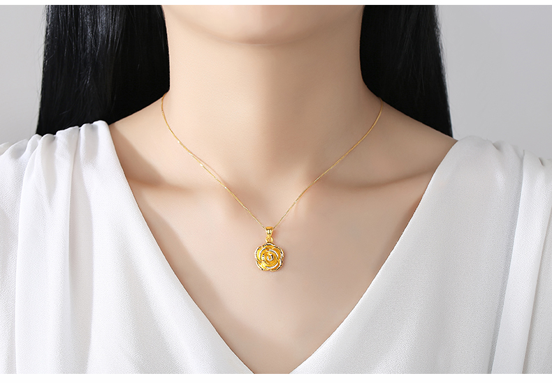 情人节礼物黄金玫瑰花吊坠女999足金花朵项链3d硬金首饰金挂坠子妈妈