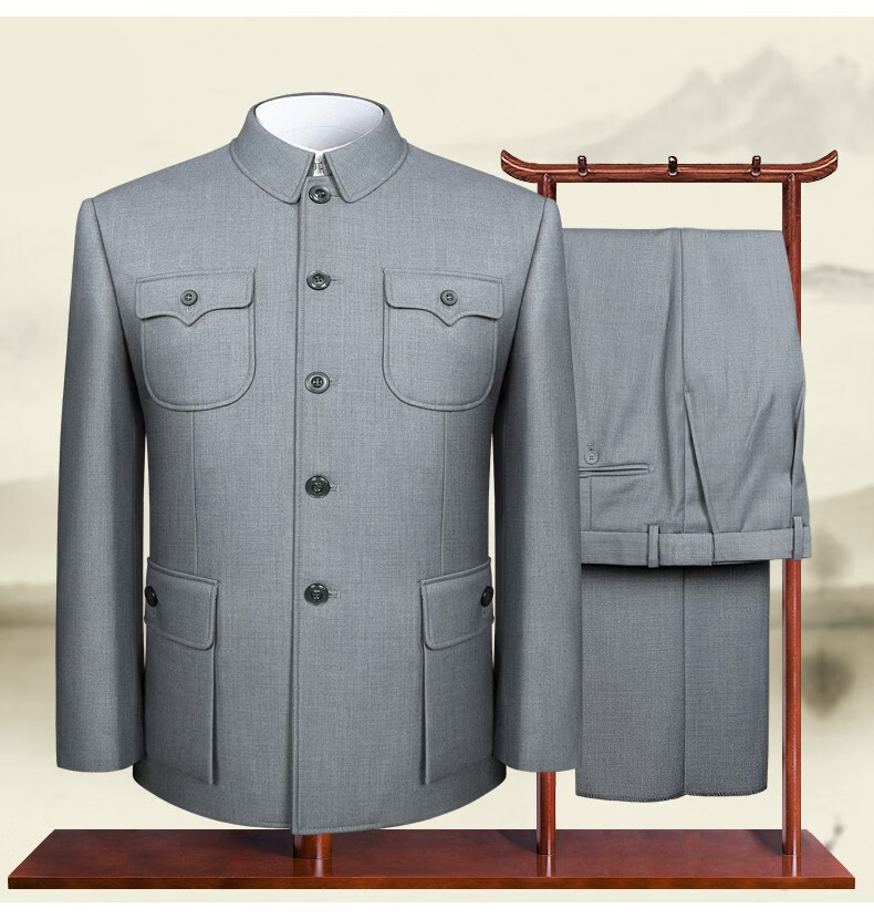 中山装男套装中老年人爸爸中山服爷爷装生日过寿衣服秋冬季外套 浅灰