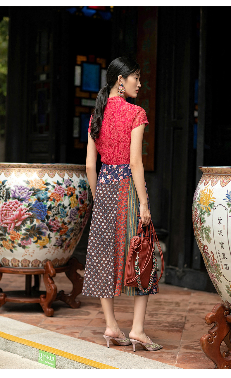 渔牌女装衬衣2022年新款女夏古典旗袍领蕾丝女士休闲上衣灰紫16080as