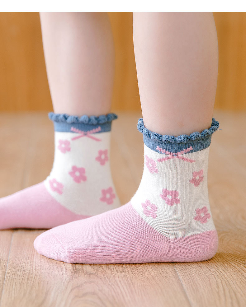 塔曼猫【5双装】女童袜子春秋冬季新款儿童袜花朵边小女孩公主可爱