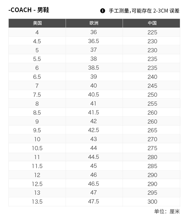 蔻驰尺码对照表图片