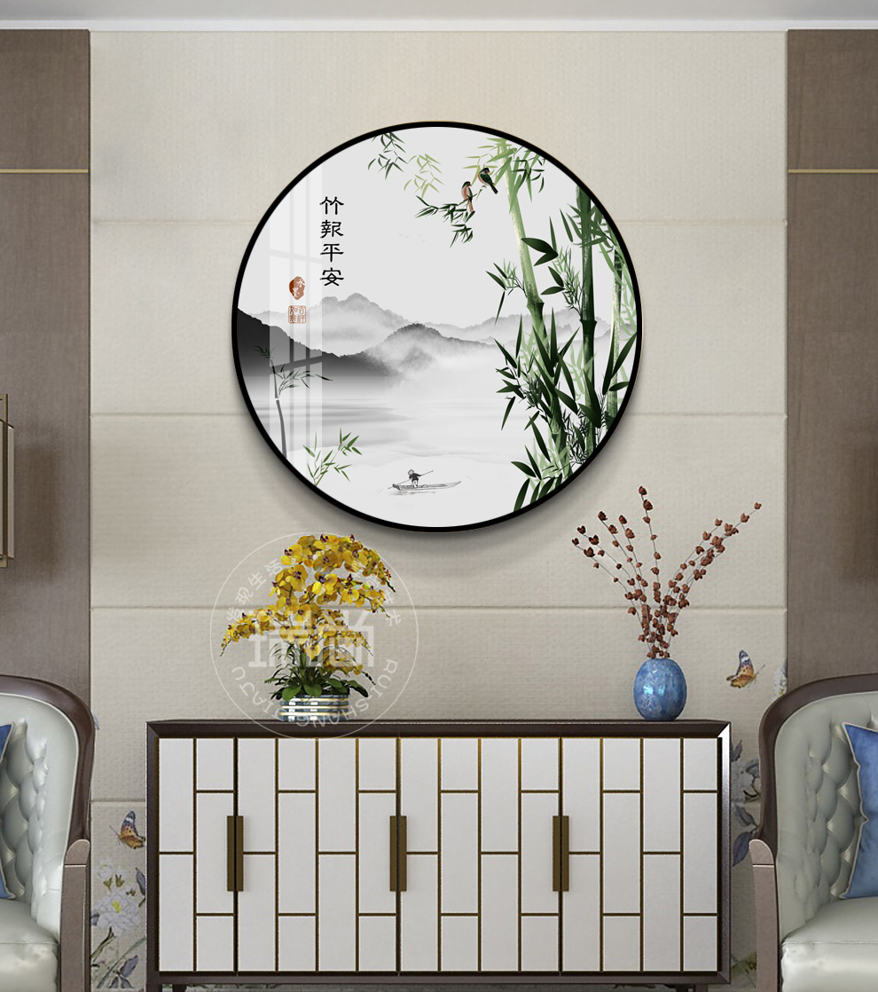 瑞尚新中式玄关装饰画圆形中国风餐厅挂画山水风景壁画客厅高山流水
