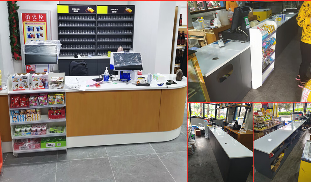 业神制造超市收银台转角加长钢制简约便利店收款台烟酒柜台前小货架