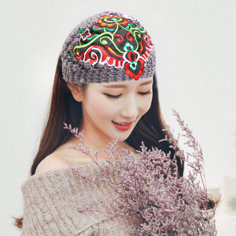 帽子女冬季新品民族风针织毛线发带高弹女士发带帽头巾帽防寒保暖依莲