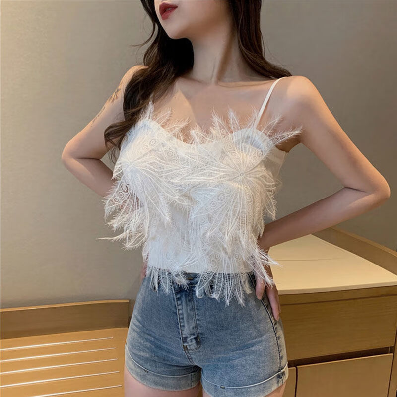 吊带蕾丝羽毛仙女背心夏季新款洋气减龄美背修身显瘦外穿短款上衣蓝色
