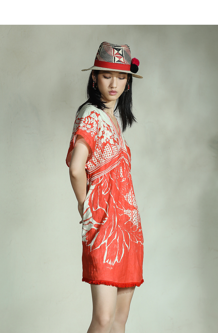 达衣岩时尚舒适中长2022年夏季新品v领短袖印花连衣裙女 朝暮红 l