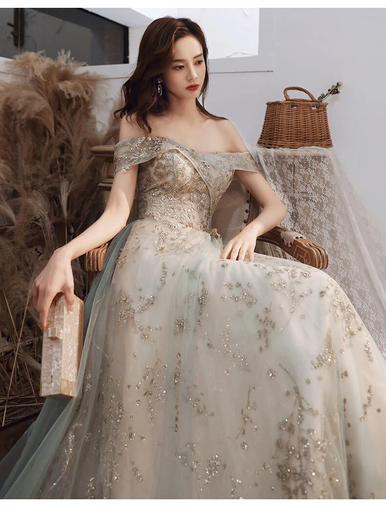 svioug轻奢品牌宴会晚礼服女2022新款气质仙气梦幻森系连衣裙灰色一字