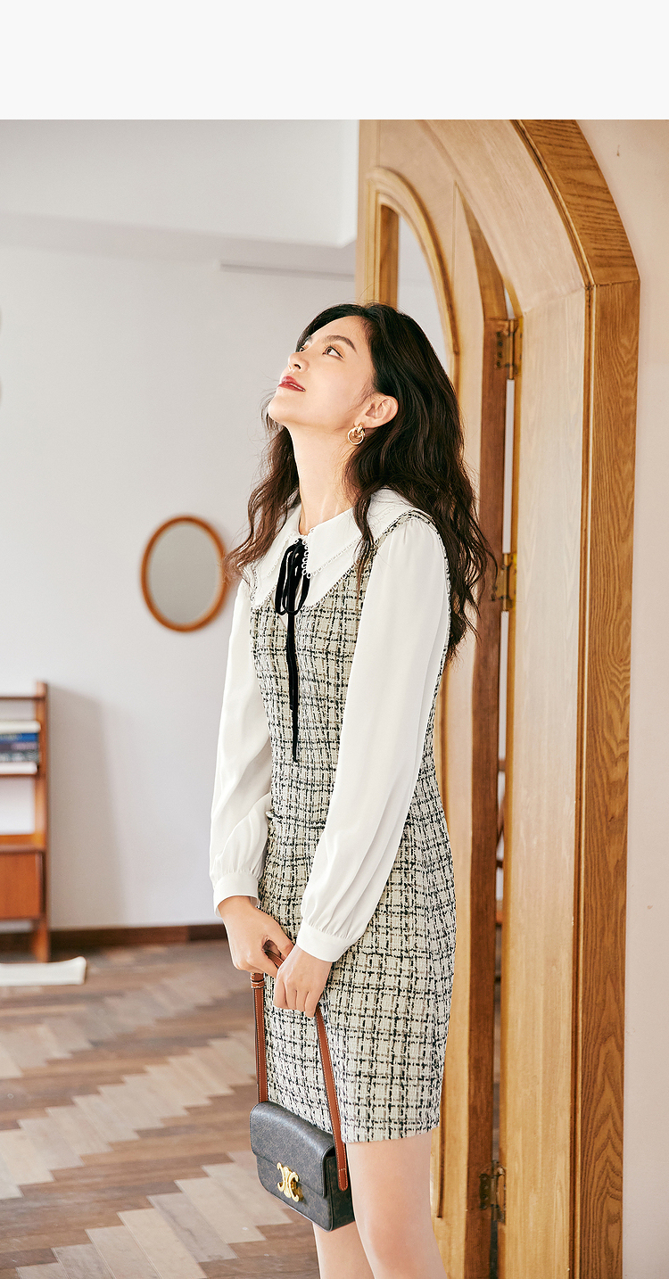 小香风连衣裙假两件法式秋装2021年新款女早秋女装气质裙子 米色 外套