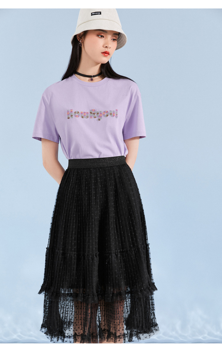 太平鸟字母短袖t恤女2021夏装新款黑色韩版宽松设计感半袖上衣潮 黑色