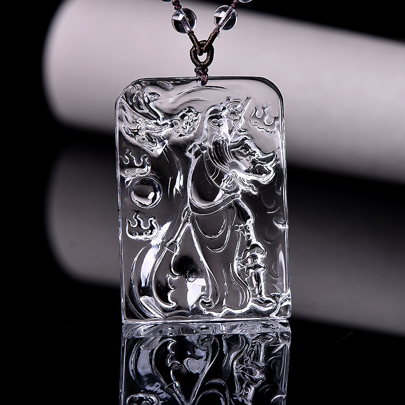 珒福源天然白水晶关公吊坠男士平安牌挂件关二爷武财神项链礼物