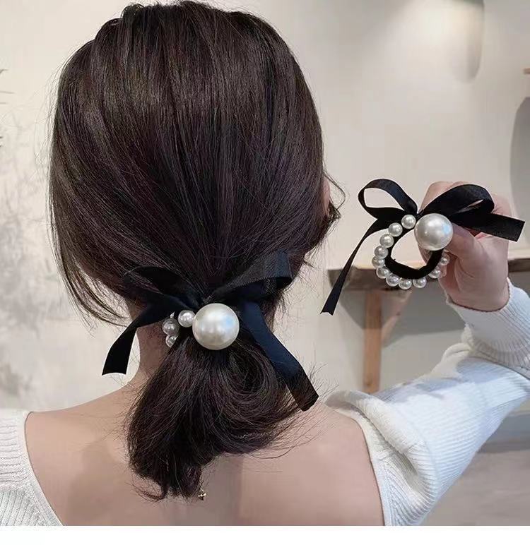 珍珠皮筋丸子头发圈ins韩国时尚发饰蝴蝶结扎头绳 满圈珍珠发绳4个