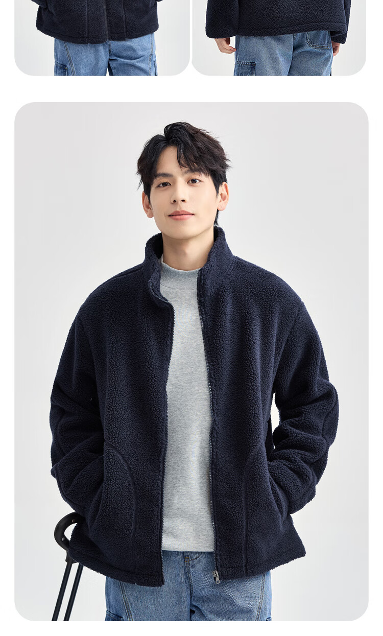 Giordano Fleece Jacket for Men, Faux Sherpa Warm Coat, Quilted Pocket, Stand Collar, Zipper Jacket for Men 01074857 16