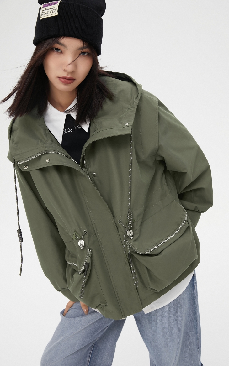 only春季新款连帽工装风大口袋休闲风衣外套女121336017c12诺玛德咖