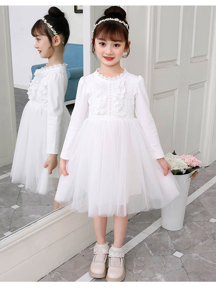 童装女童连衣裙秋装儿童裙子新品中小童宝宝长袖公主裙白色花边短裙