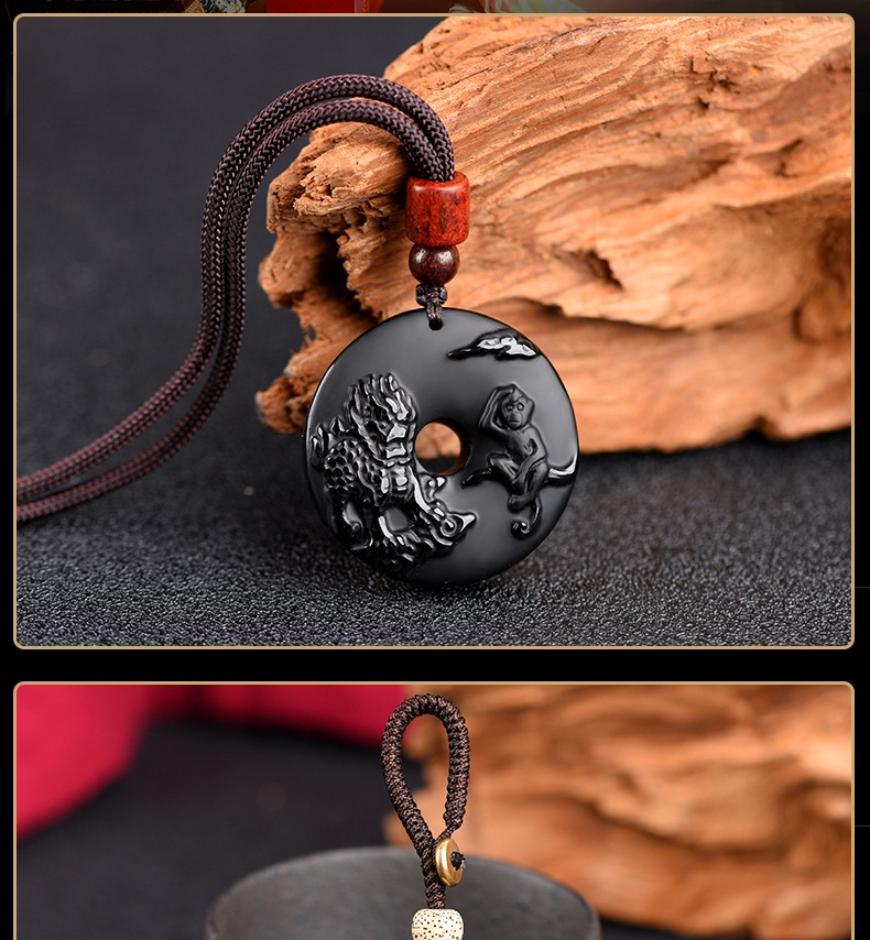 润玺2021年生肖属蛇吉祥物麟猴拱吉黑曜石吊坠男女钥匙扣链挂件 吊坠