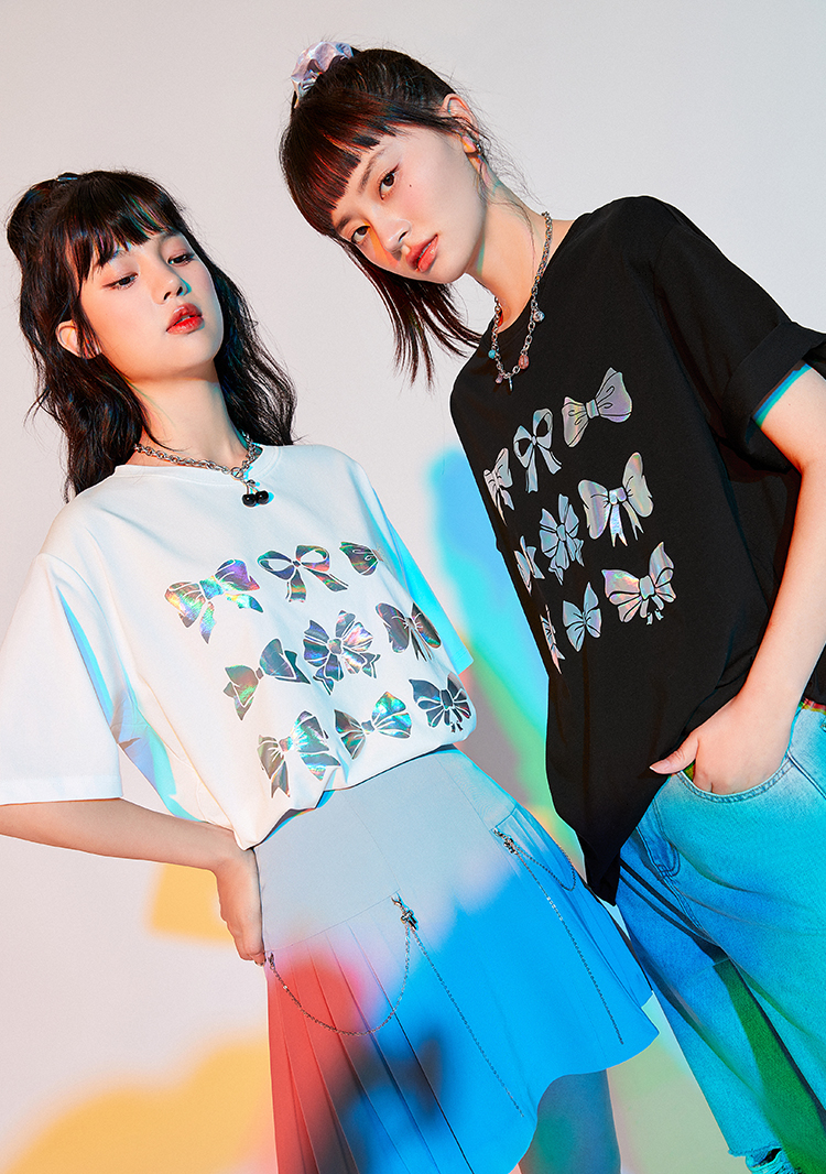 【新品】乐町休闲镭射印花t恤2021夏季新款t恤设计感小众女宽松 黑色