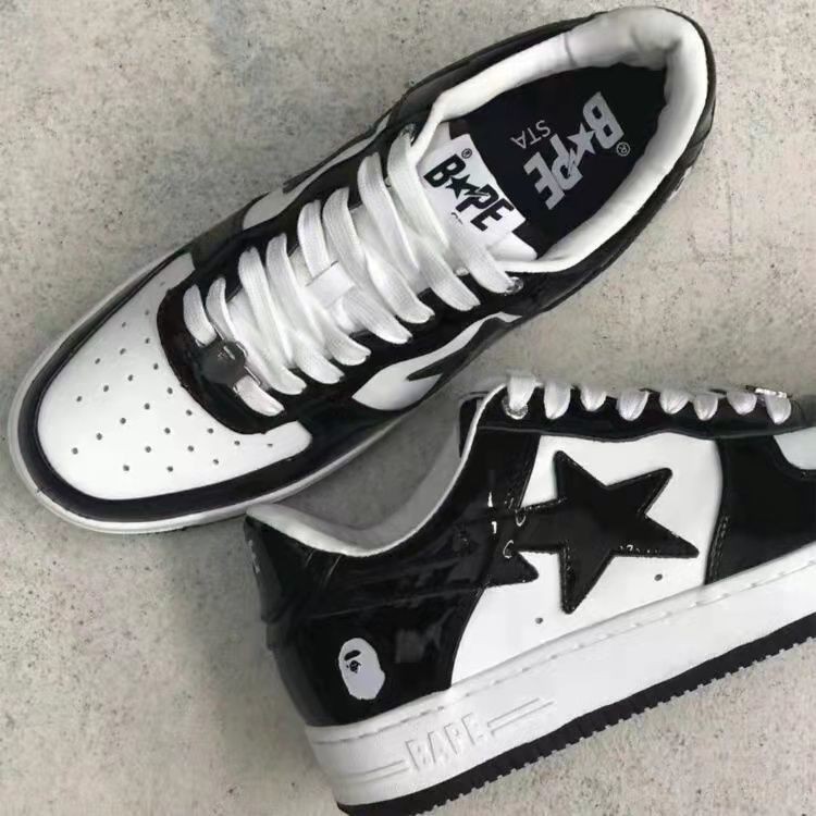 bapesta鞋子黑白滑板鞋刘耀文同款猿人头低帮鞋漆皮运动休闲鞋 黑色
