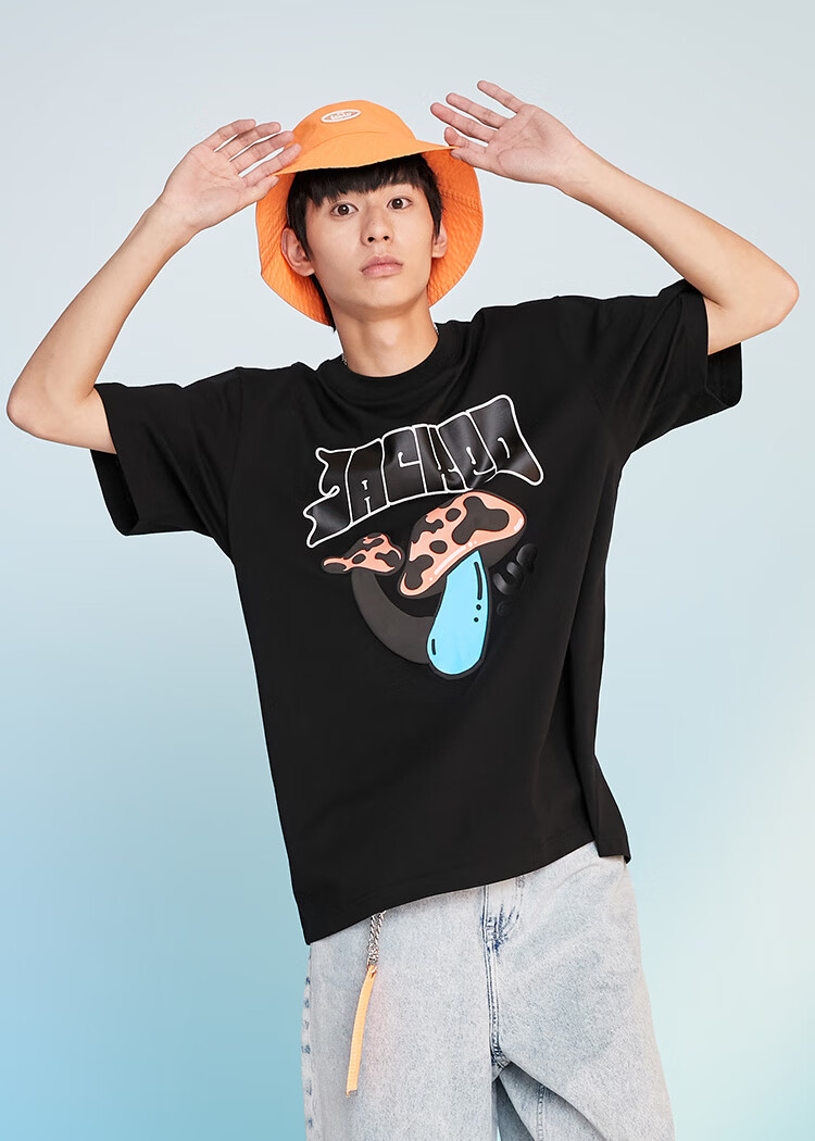 jackjones杰克琼斯蘑菇系列夏纯棉宽松发泡胶印印花圆领短袖t恤男