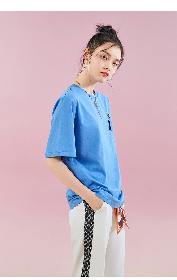 太平鸟桃花运t恤女2021夏新款中长款宽松大码体恤纯色半袖打底衫 粉色