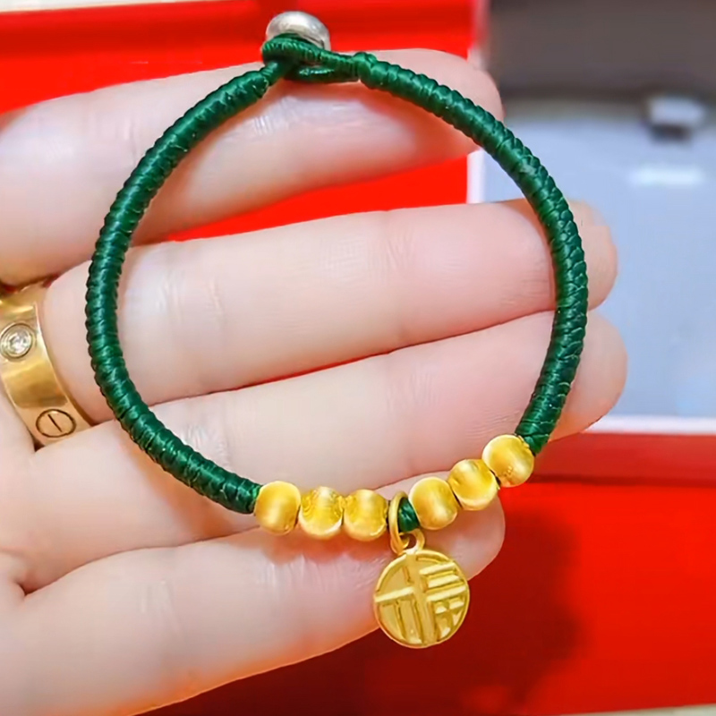 母亲节礼物玉相伴黄金福牌手链女小金珠999足金猫眼金豆豆抖音同款