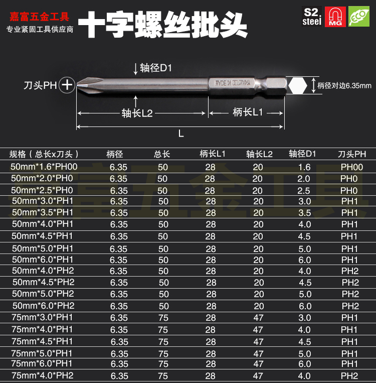 电动螺丝刀头强磁披头起子头200mm长度十字7支规格装送加磁器收纳条