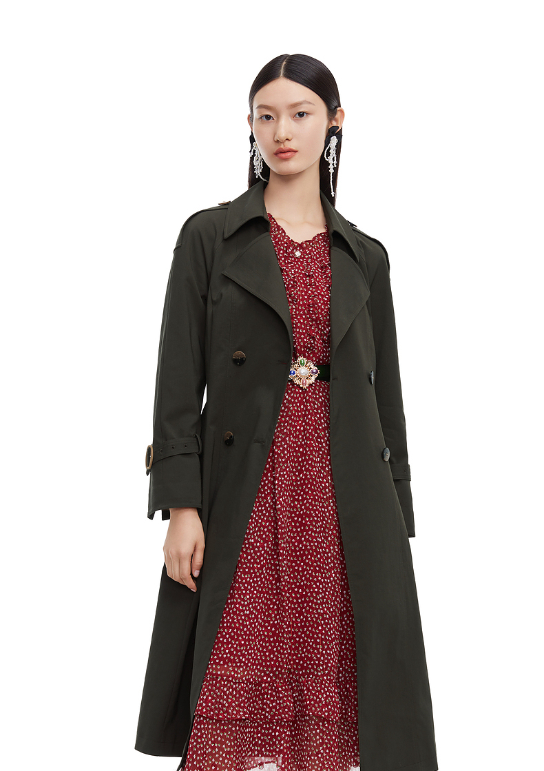 玖姿2021秋季新款纯色都市气质时尚长款收腰女风衣外套 军绿 m