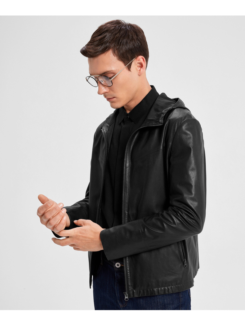 劲霸男装秋冬季新款男士皮衣外套真皮连帽羊皮革夹克皮装bpld3660黑色