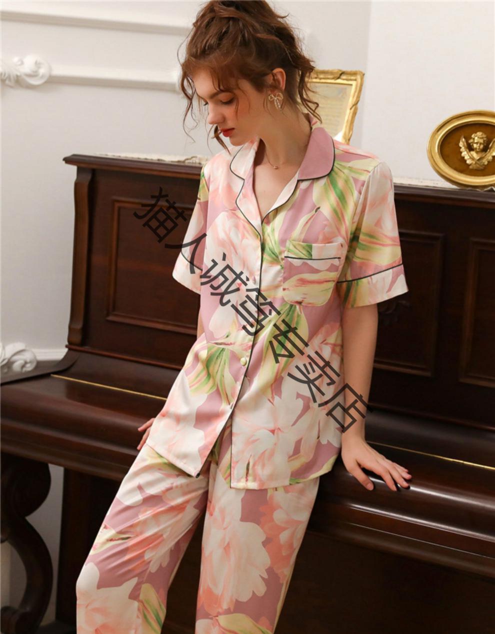 猫人2021新款真丝睡衣女夏季短袖大码薄款桑蚕丝妈妈丝绸两件套装官方