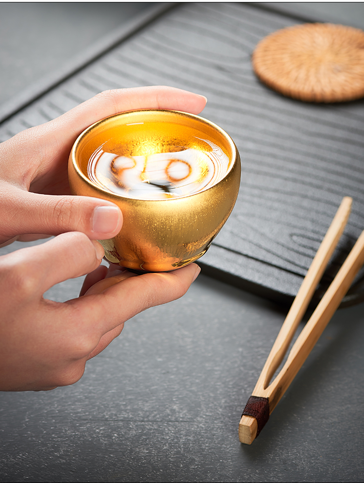 功夫茶杯单个男金盏茶杯鎏金茶杯24k纯金杯子建盏茶杯主人杯全手工