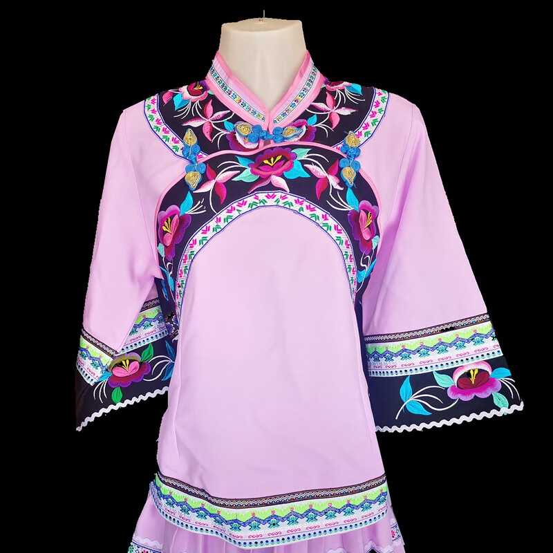 服饰女布依舞台装学生装复古宾馆酒店民族特色餐馆服务生服装玫红色