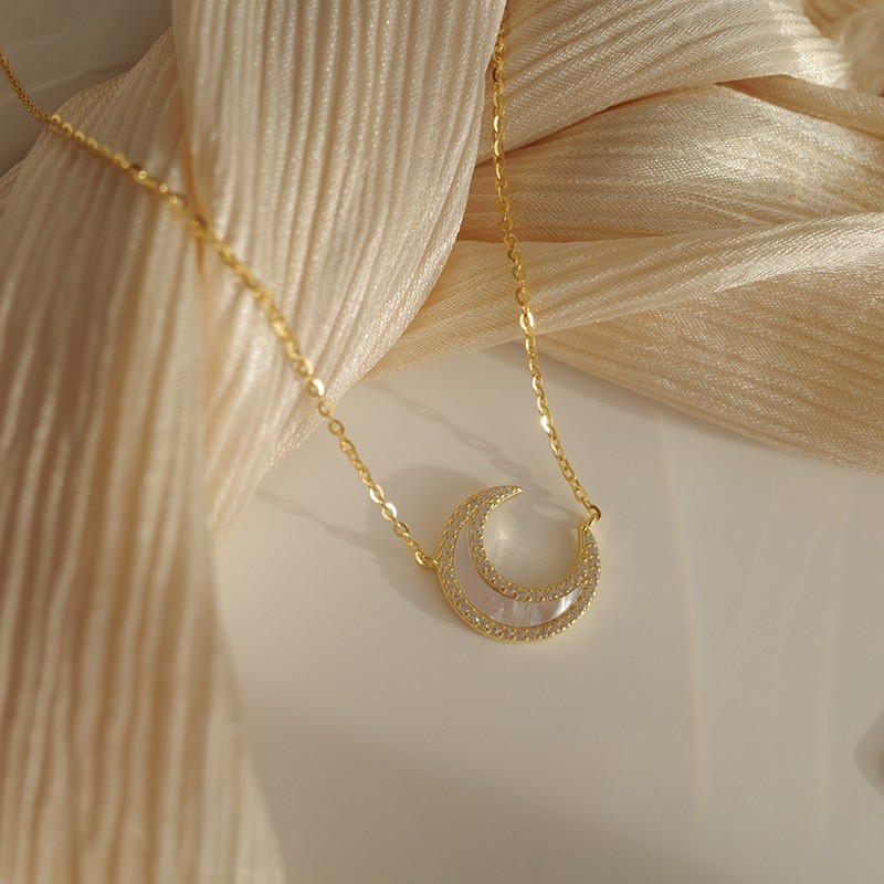 魅星紫 天然贝母月亮项链白月光温柔气质简约锁骨链 (金色)月亮项链