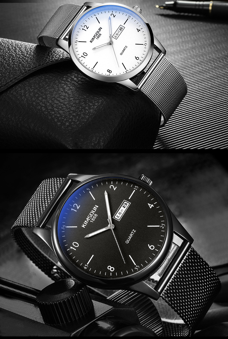 金诗顿超薄手表男时尚双历防水石英男士腕表 黑壳黑面网带