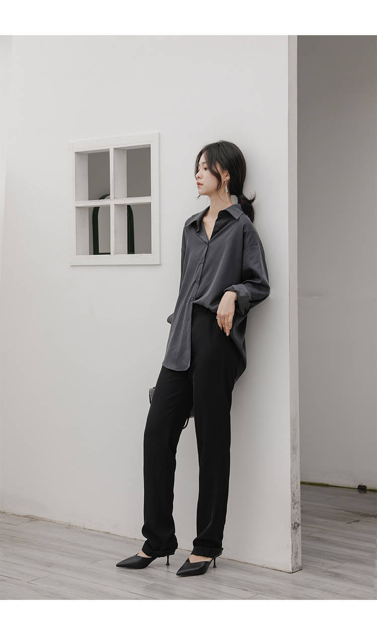 冷淡风复古质感垂感灰色衬衫女宽松长袖慵懒春秋外套港味百搭衬衣sn