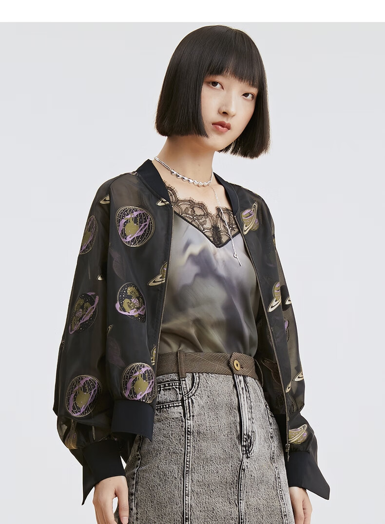 谜底2021秋季新款高端系列棒球服休闲短外套女薄213gw1766黑色花s